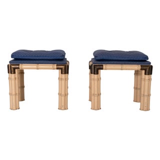 Billy Baldwin Style Mid-Century Modern Faux Bamboo & Brass Upholstered Benches 1960s For Sale