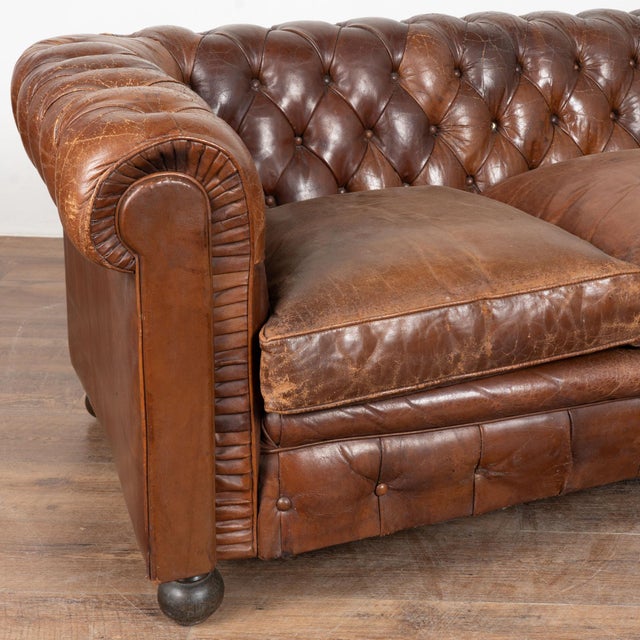 Set of Three Vintage Brown Leather Chesterfield Seating Group With Sofa and Pair of Club Chairs For Sale - Image 4 of 18