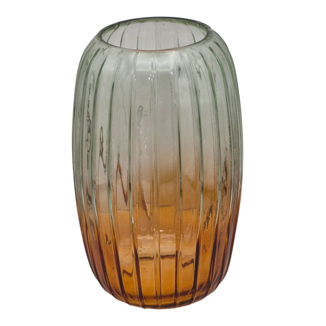 Orange Fluted Glass Vase Ombre Color Green at Top Amber-Orange at Base 10'' Tall For Sale - Image 8 of 8