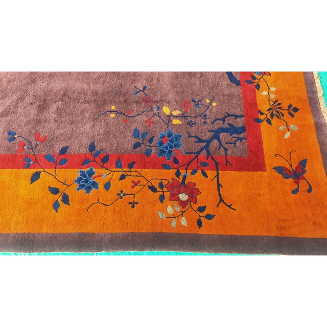 1920s Tan Taupe Floral Modern Antique Chinese Art Deco Rug 8'2" X 9'9" Handknotted Wool Carpet For Sale - Image 4 of 6