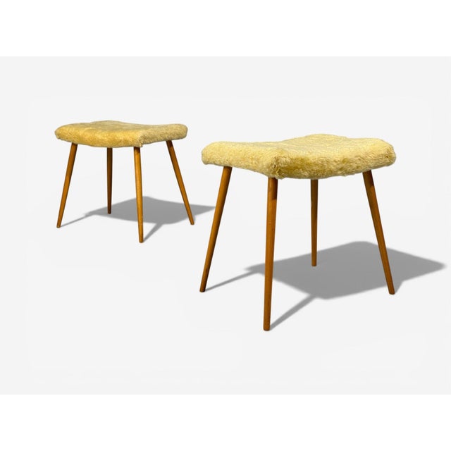 Auburn Swedish Modern, Footstools, Imitation Fur, Wood, Sweden, 1950's For Sale - Image 8 of 9