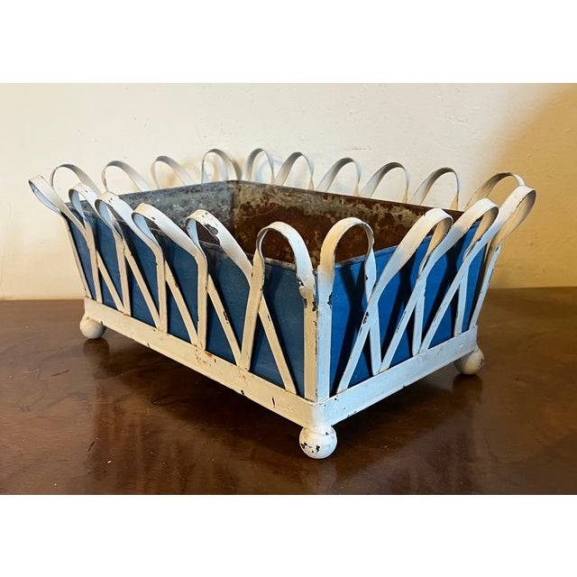 White 1930's White Painted Zinc Basketweave Cachepot Planter or Jardiniere With Blue Tole Liner on Ball Feet For Sale - Image 8 of 14