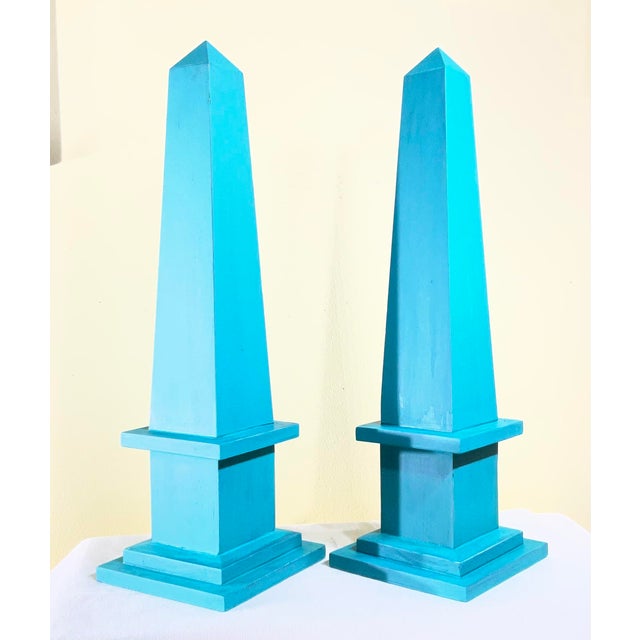 2000 - 2009 Pair of Hand-Painted Solid Wood Decorative Obelisks – Vibrant Turquoise Color For Sale - Image 5 of 15