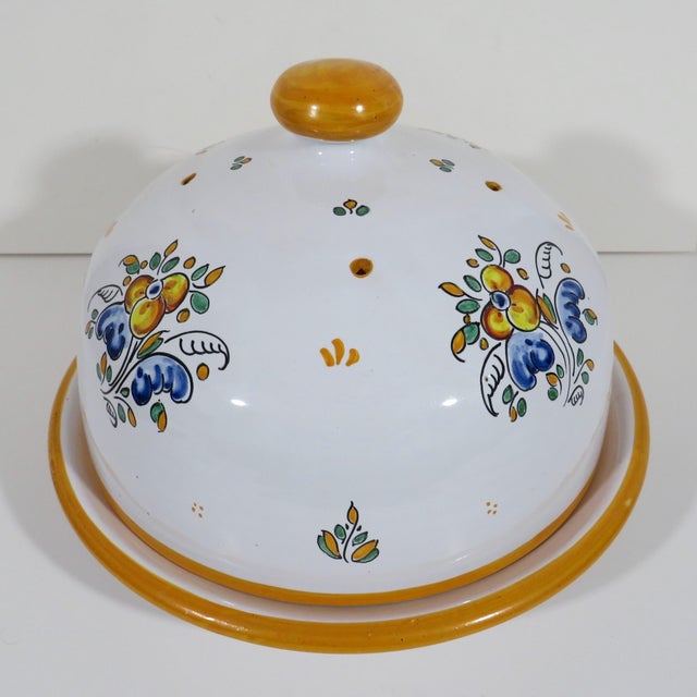 Large Spanish Froilan Talavera ceramic cheese serving set with cloche and matching under plate, hand-painted in Provencal...