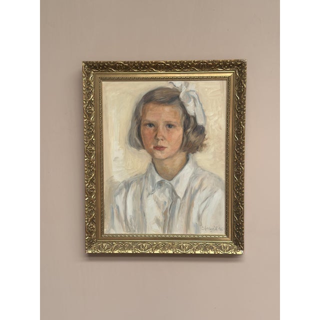 Mid-Century Modern P. O. Linquist, Portrait of a Girl, 1946, Oil on Panel, Framed For Sale - Image 3 of 18
