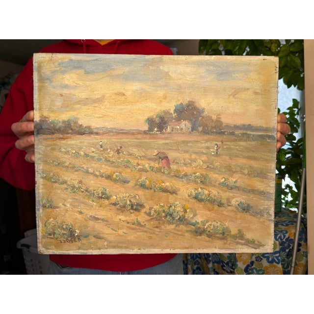 1940s 1940s Pastoral Landscape Canvas Art by Ira Deen Original on Board Farm Crow/Raven Oil Folk Painting Drawing Crow For Sale - Image 5 of 12