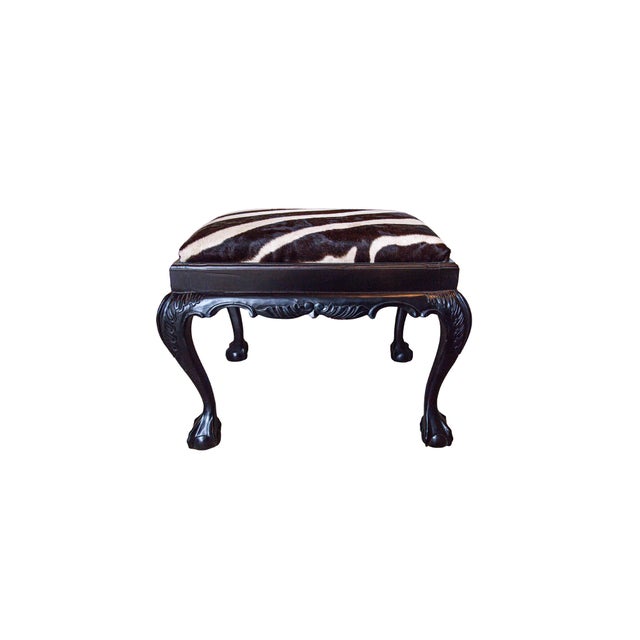 Ebony 19th Century Queen Anne Style Carved Bench in Burchell Zebra Hide For Sale - Image 8 of 9