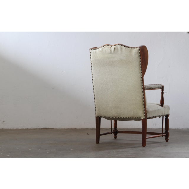 Beige Vintage Oak Wingback Armchair, Denmark, 1930s For Sale - Image 8 of 18