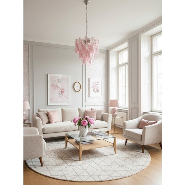 Rare italian vintage murano chandelier. The fixture is made up of 23 individual handblown glass elements hanging (pink and...