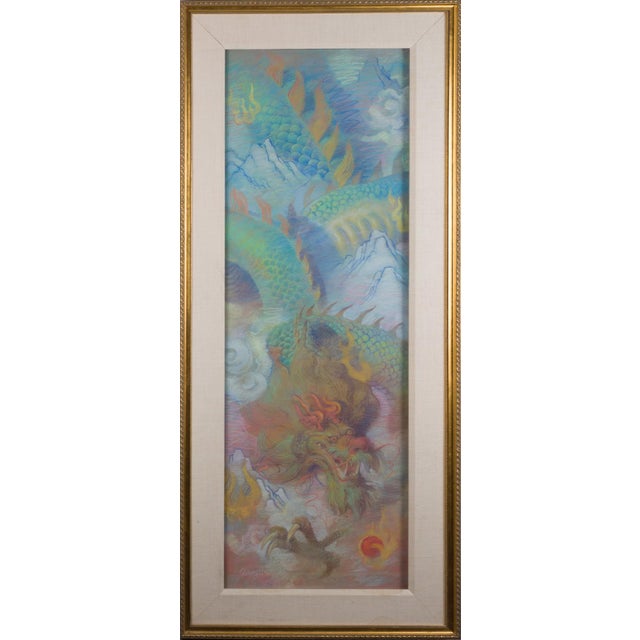 This pastel on paper artwork depicts a mythical dragon, elegantly coiling amidst swirling clouds and majestic mountains....
