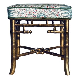 Chinese Chippendale Giltwood Faux Bamboo Bench in Quadrille Les Indiennes For Sale