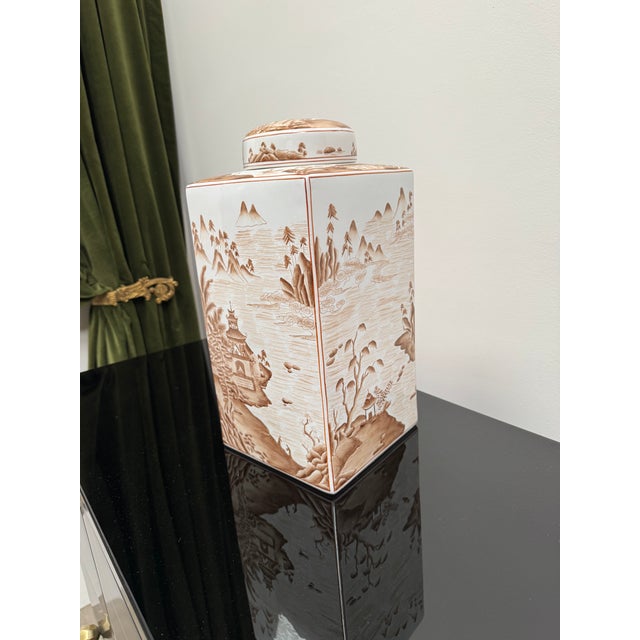 Square Porcelain Ginger Jar in Sepia Tones For Sale - Image 10 of 11