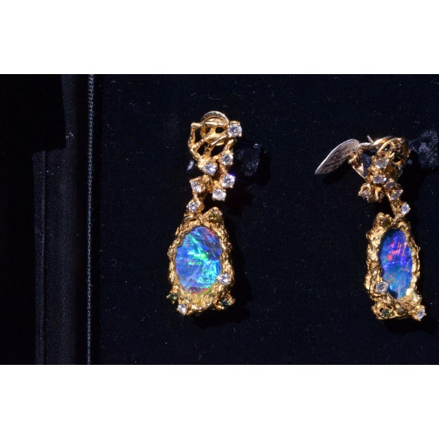 1960s 1960s The Stella: Arthur King Ear Pendants Set with Opal and Diamonds and Fancy Colored Diamonds, 2 Pieces For Sale - Image 5 of 6