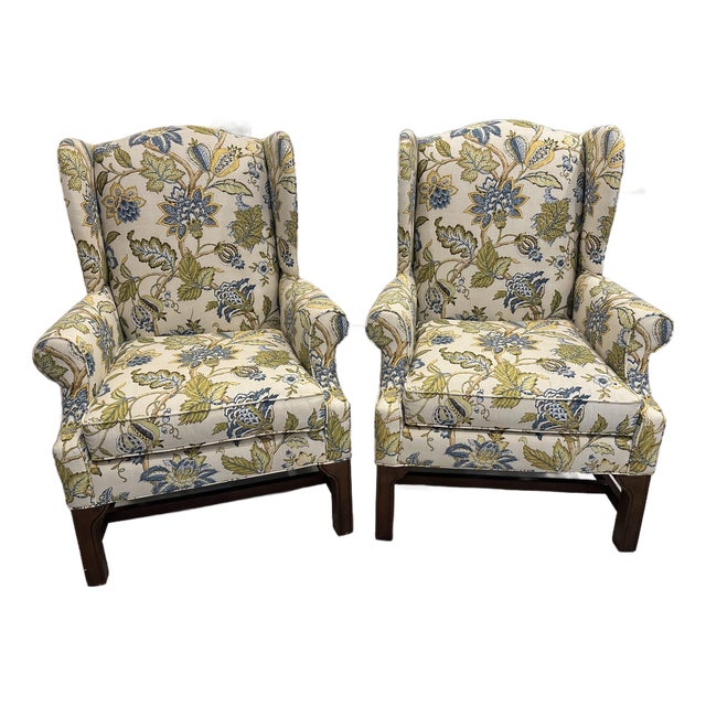 c.r. Laine Pair of Traditional Botanical Wingback Chairs, Original Upholstery, 2008 For Sale