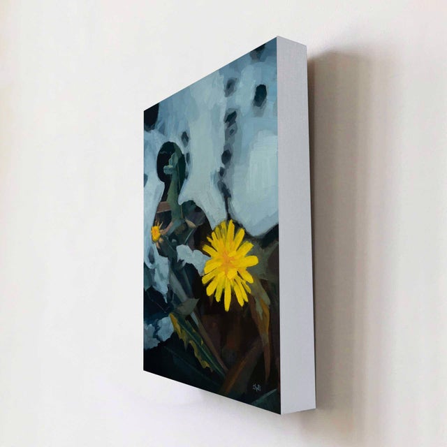 Contemporary Love and Grief by Shelli Langdale | Oil on gallery panel Yellow dandelion among dark foliage. For Sale - Image 3 of 5