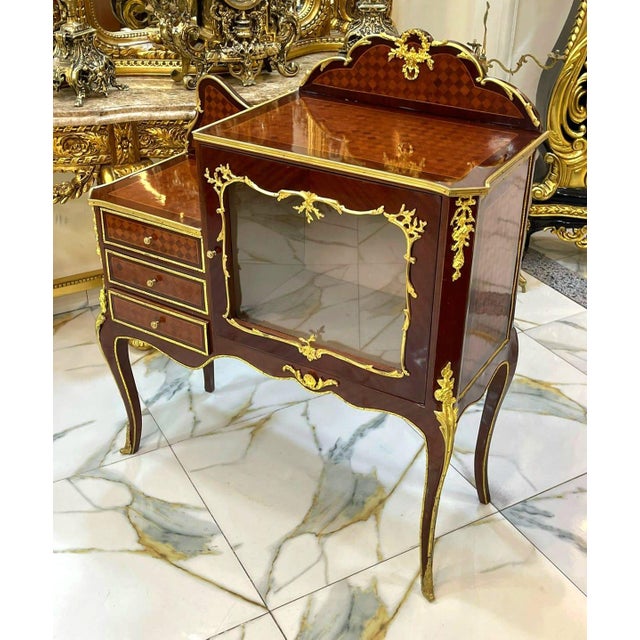 French Louis XV Style Marquetry Bedside Cabinet With 3 Drawers and Glass Door For Sale - Image 3 of 5