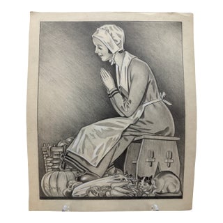 1940s Original Signed Graphite Illustration of Praying Woman With Harvest Still Life, 11.75 X 9.75 In. For Sale