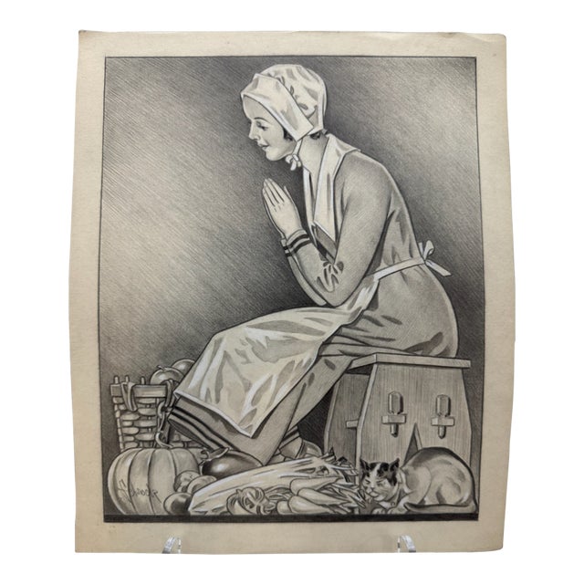 1940s Original Signed Graphite Illustration of Praying Woman With Harvest Still Life, 11.75 X 9.75 In. For Sale