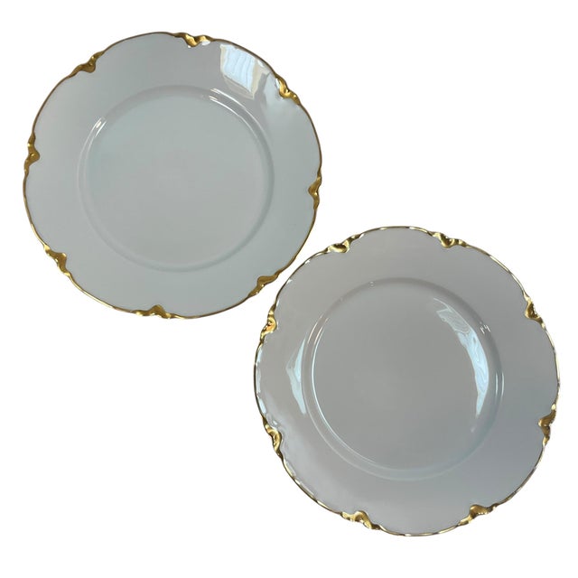 French Provincial Early 20th Century Limoges & Bavaria White Dinner Plates Gold Trim- Set of 7 For Sale - Image 3 of 12