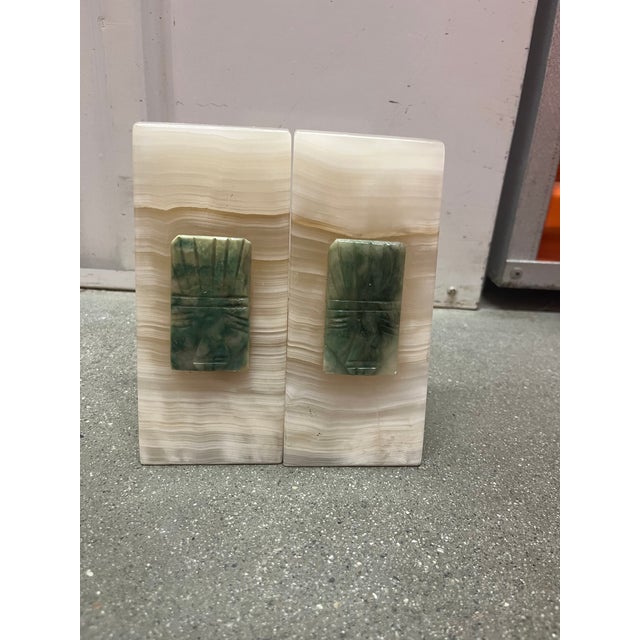 Tribal Mid 20th Century Marbled White Onyx & Carved Jade Green Bookends - a Pair For Sale - Image 3 of 4