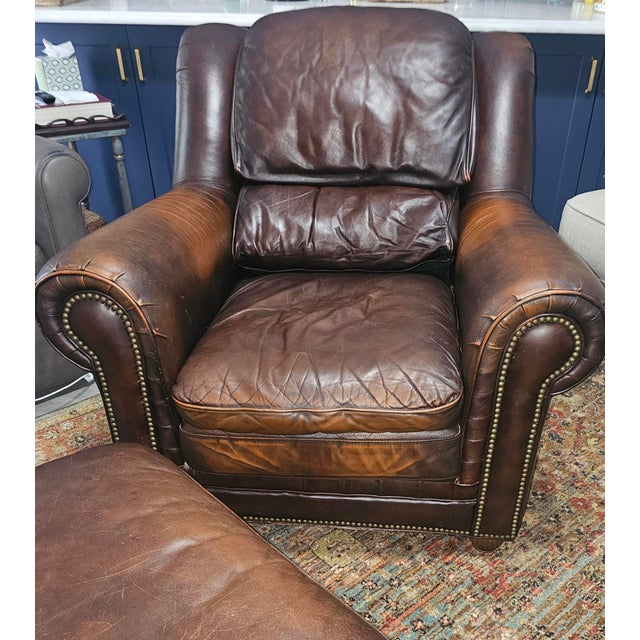 Ralph Lauren 1990s Perfectly Worn Set Leather Library Club Chair and Matching Ottoman For Sale - Image 4 of 9
