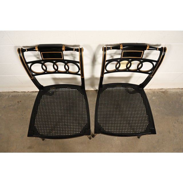 Baker Furniture Historic Charleston Regency Ebonized and Gold Gilt Side Chairs or Dining Chairs, Pair For Sale In South Bend - Image 6 of 16