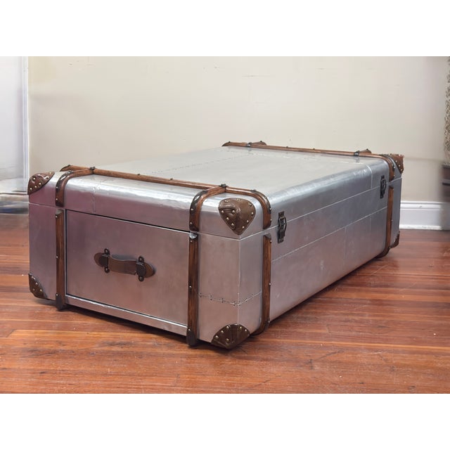 Metal Restoration Hardware Aluminum Steamer Trunk Coffee Table For Sale - Image 7 of 15