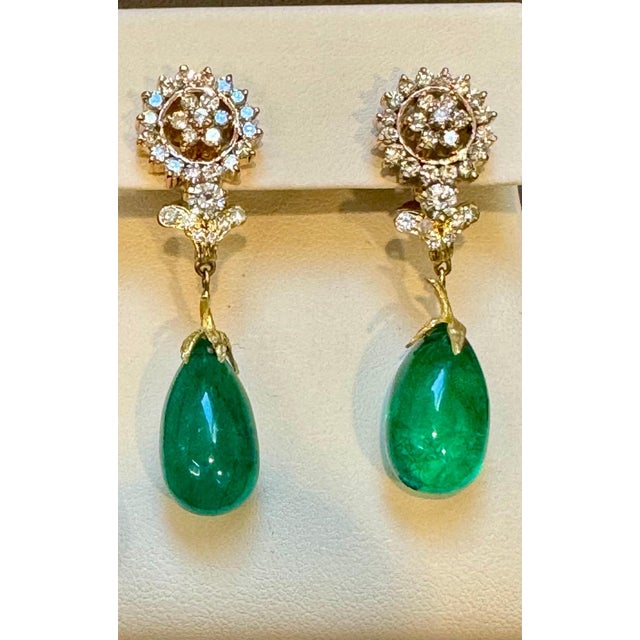 GIA Certified 28 Ct Emerald Cabochon & Diamond Drops Hanging Earrings 14 KYG For Sale - Image 18 of 18