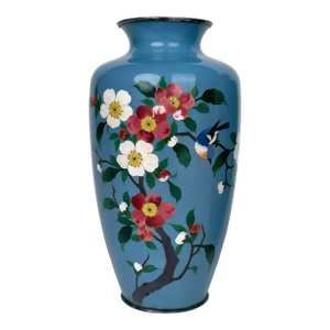 A Pair of Japanese Blue Ground Enamel Vases