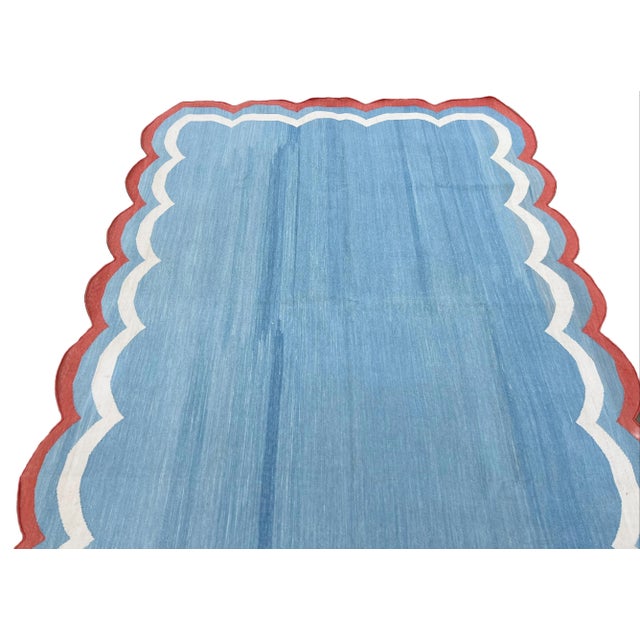 Textile Handmade Cotton Area Rug, Sky Blue Scalloped With Terracotta Border - 8'x10' For Sale - Image 7 of 10