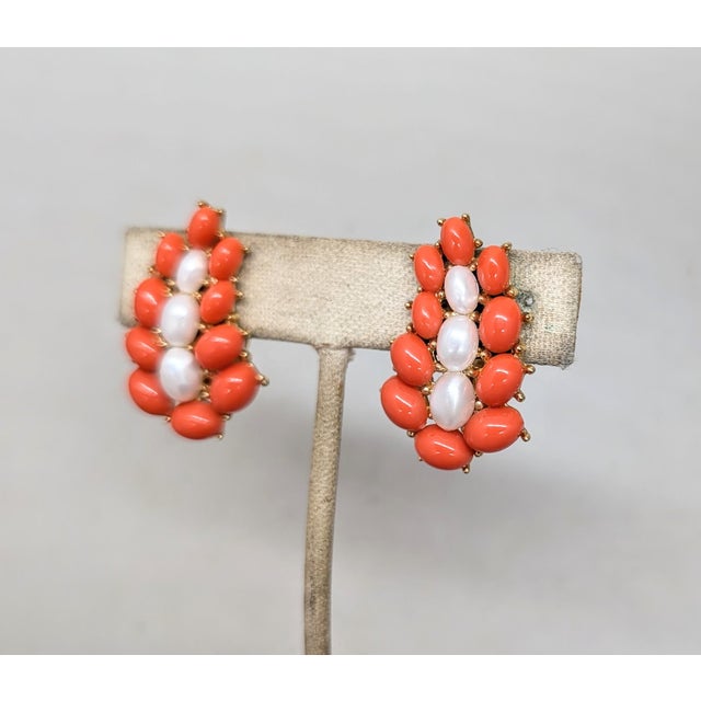 Mid-Century Modern Vintage 1958 Crown Trifari Goldtone Cabochon Faux-Coral & Faux-Pearl Clip Earrings-2 Pieces For Sale - Image 3 of 8