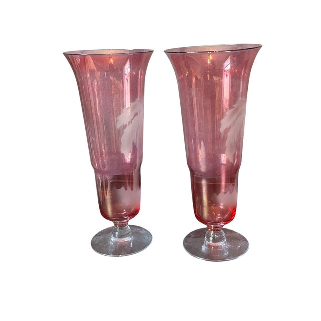 19th Century Cranberry Etched Art Glass Vases With Palm Tree Decoration - A Pair For Sale - Image 5 of 7