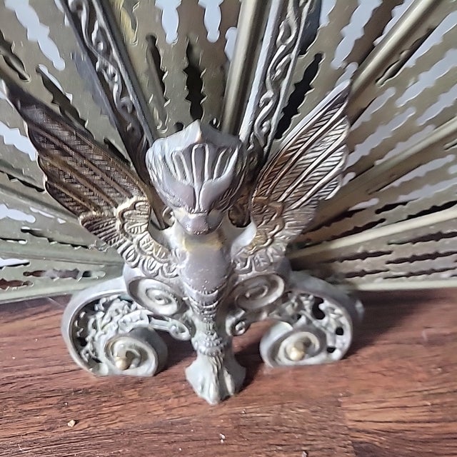 Antique Fabulous Art Deco Double Griffin Brass Peacock Fan Fireplace Screen 1920 For Sale - Image 10 of 13