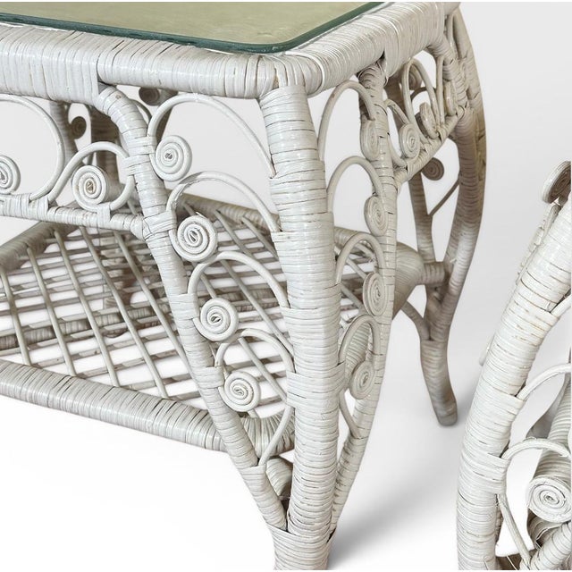 Wood Vintage Boho Chic White Wicker Scrolled Side Tables With Glass Tops - A Pair For Sale - Image 7 of 13
