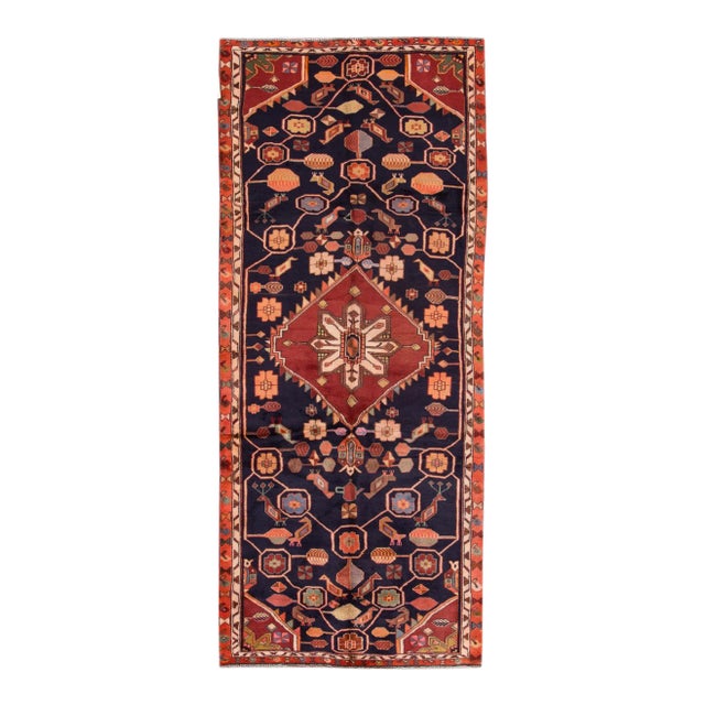Blue Vintage Hamadan Handmade Wool Runner For Sale