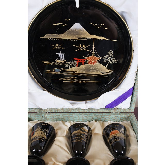 Vintage Japanese Mount Fuji Black Lacquerware Sake Set With Six Stemmed Cups, Tray and Original Box - 8 pcs For Sale - Image 4 of 15