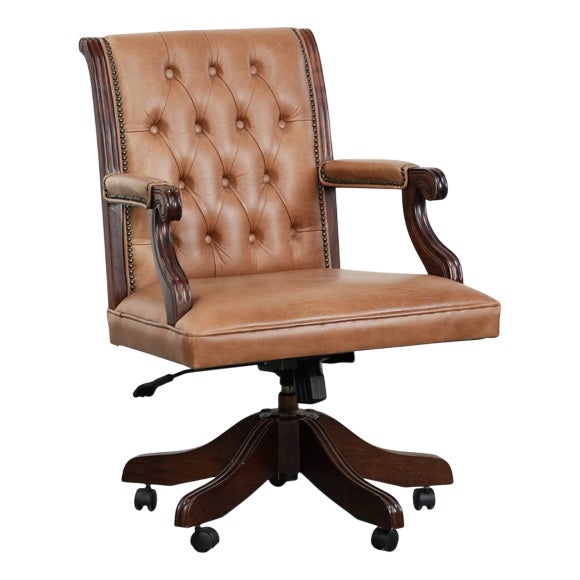 English-Style Chesterfield Swivel Office Chair in Cowhide and Wood For Sale