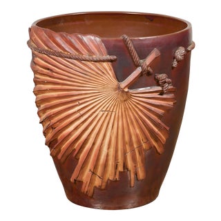 Large Contemporary Thai Garnet Toned Planter with Palm Leaf and Rope Motifs For Sale