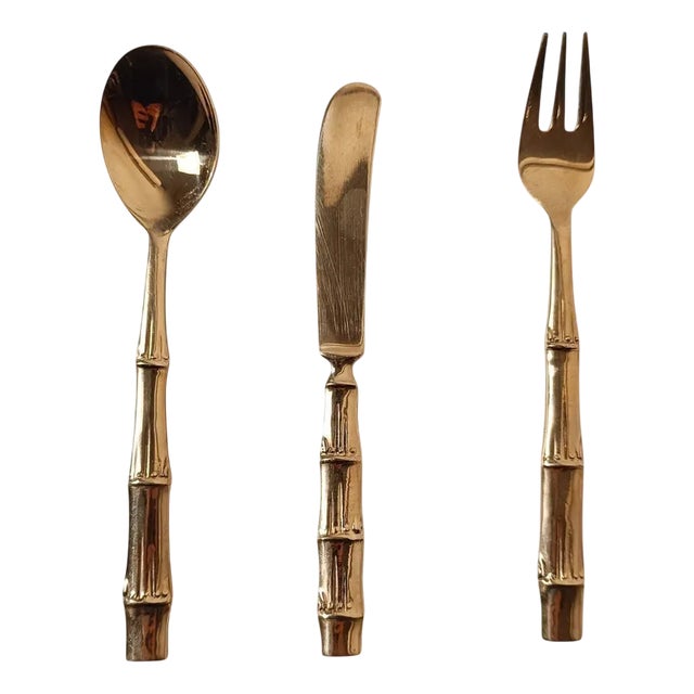 Vintage Brass and Faux Bamboo Flatware Dessert Set, 1970s, Set of 36 For Sale