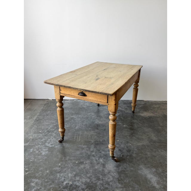Farmhouse Antique Pine Farmhouse Table on Casters For Sale - Image 3 of 12