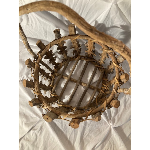 Americana Antique Adirondack Twig Mushroom Foraging basket.Adirondack Twigs Primitive Style W/ a Large Bent Twig Handle. Early 20th Century For Sale - Image 6 of 12