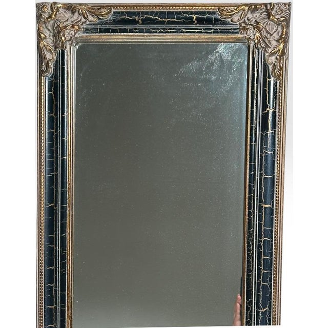 Contemporary Traditional Black Crackle Full Length Mirror With Ornate Gold Gilt Corner Accents Introduce an elegant layer...
