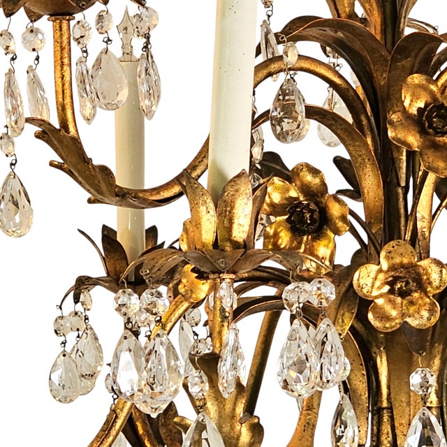 Italian Hollywood Regency Gilt Tole 9-Arm Chandelier With Crystal Drops, 1950s For Sale In San Francisco - Image 6 of 10