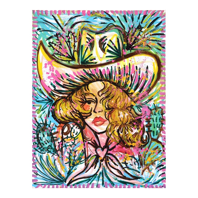 Cactus Queen - Original Contemporary Western Cowgirl Figurative Acrylic Painting For Sale