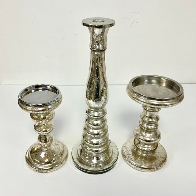 Modern 1990s Vintage Boho Chic Modern West Elm Attributed Mercury Glass Candleholders - Set of 3. For Sale - Image 3 of 12