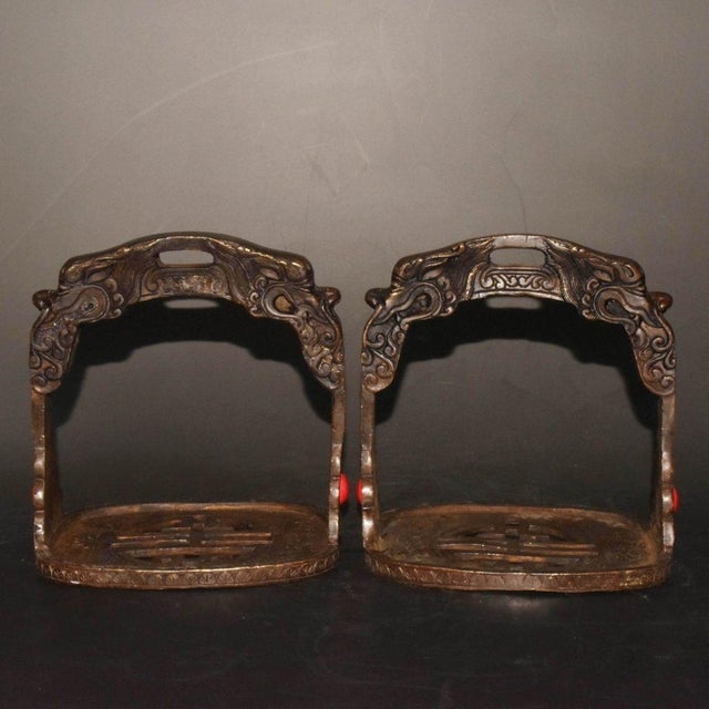 Pair of Antique Bronze Stirrups With Dragon Motif and Gemstone Inlays, 1.6kg For Sale - Image 4 of 9