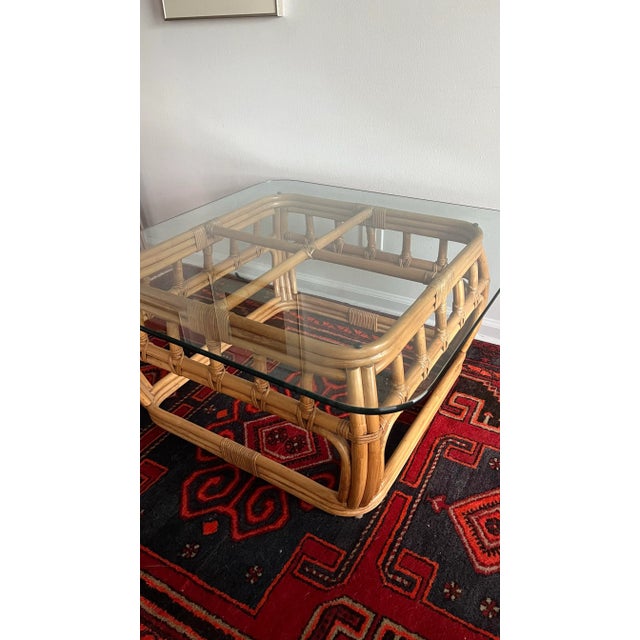 Ficks Reed Coffee Table Bamboo & Glass Top Square Circa 1970s Attributed to Ficks Reed For Sale - Image 4 of 8