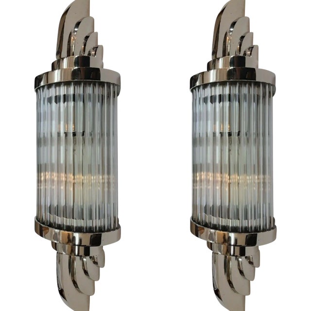 Vintage Art Deco Skyscraper Wall Sconces Fixture in Nickel Brass & Glass - a Pair For Sale