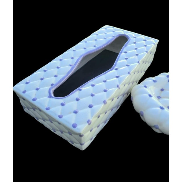 Hollywood Regency Vintage Ceramic Tufted Purple White Polka Dot Tissue Box Cover Soap Dish For Sale - Image 3 of 6
