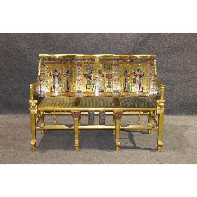 1970s Unique Egyptian Revival Gilded Figural Bench With Carved Lions For Sale - Image 5 of 17